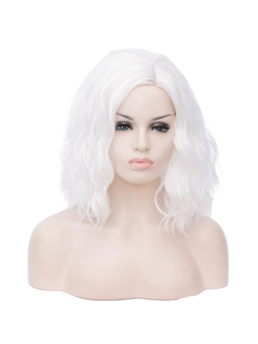 Women White Heat Resitant Wavy Curly Cosplay Halloween Bob Party Wig